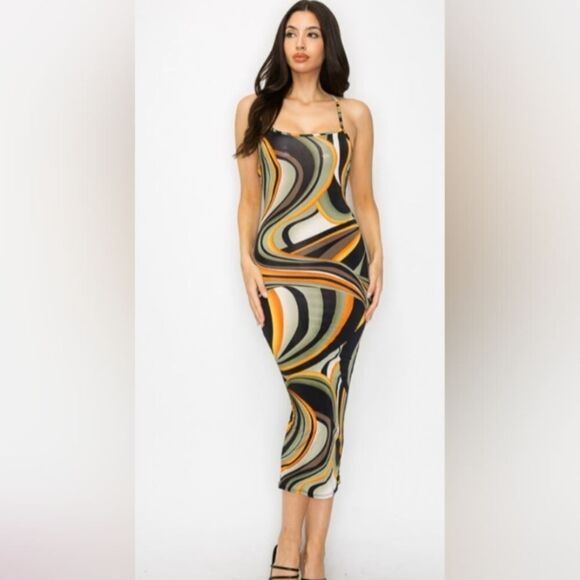 CROSSED BACK MULTICOLOR MIDI DRESS - Picture 1 of 4